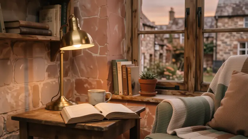 Warm 2700K lighting from a floor lamp illuminating a reading nook.