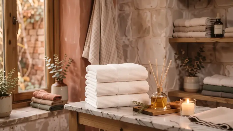 A calm spa nook featuring white textures and natural wood accents.