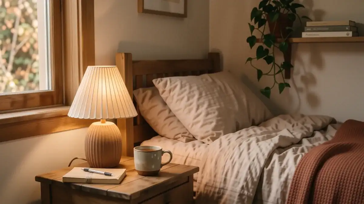A cozy dorm bed with a terracotta linen duvet, a chunky knit throw, and warm amber lighting from a small lamp.