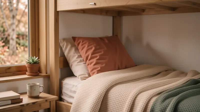 Layered bedding in oatmeal and terracotta textures on a small dorm bed.