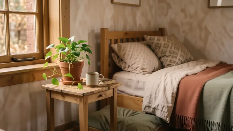 A peaceful zen corner in a dorm with a floor cushion and a green plant.