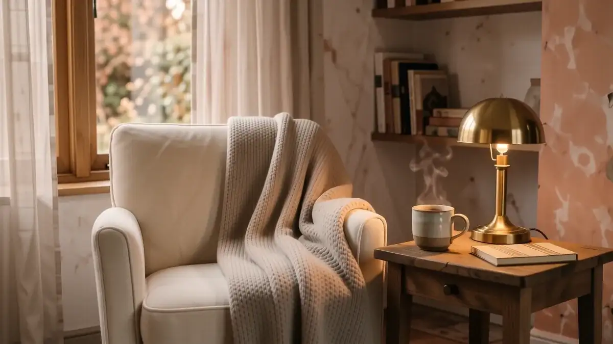 A cozy living room corner with a linen armchair, a chunky wool throw, and a warm lamp glowing on a side table.
