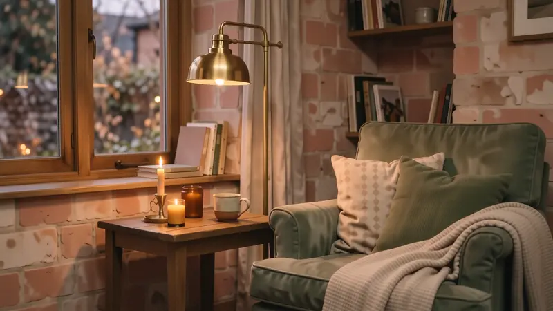 Warm ambient lighting in a cozy living room corner featuring a brass lamp and soft candlelight.