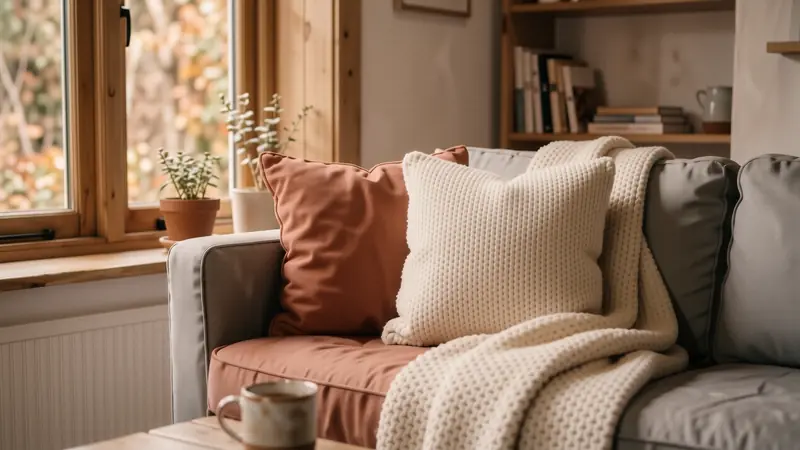 Close up of textured pillows and a thick knit blanket on a comfortable sofa.