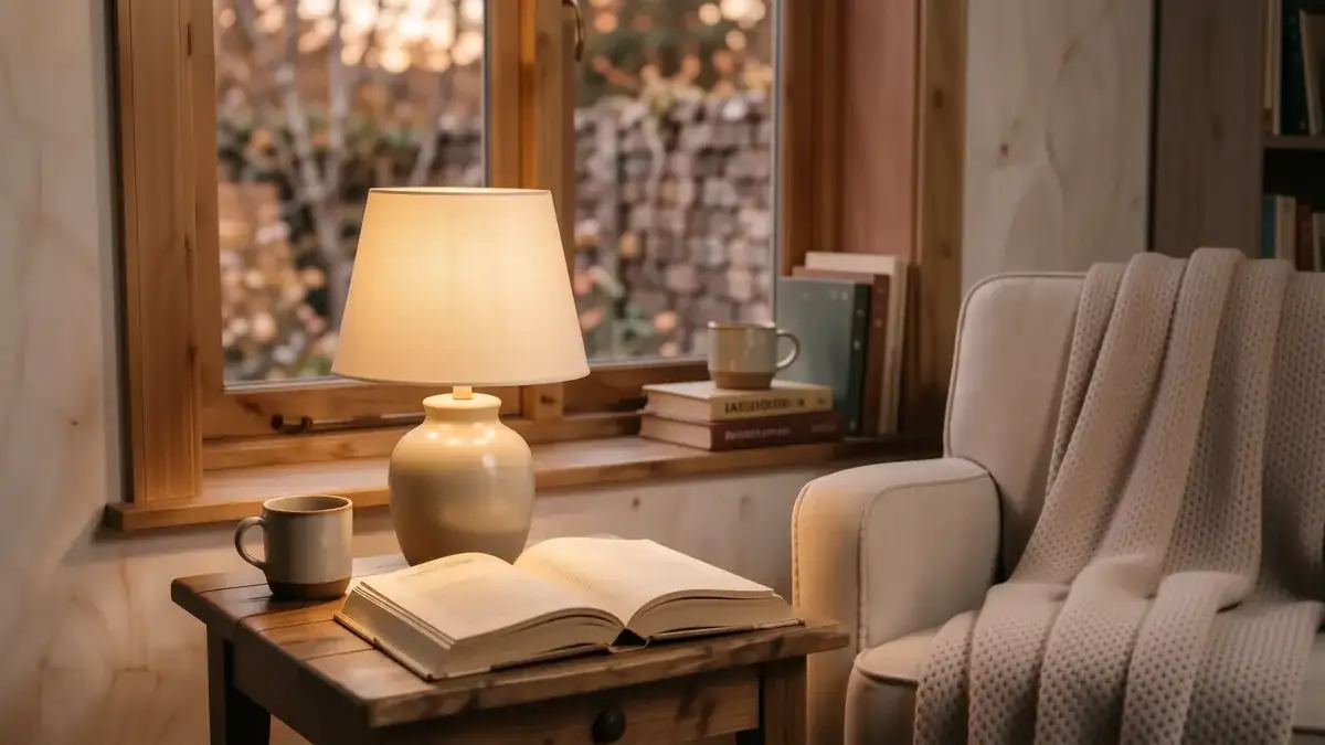 A cozy living room corner with a warm linen lampshade, a soft boucle armchair, and amber ambient light.