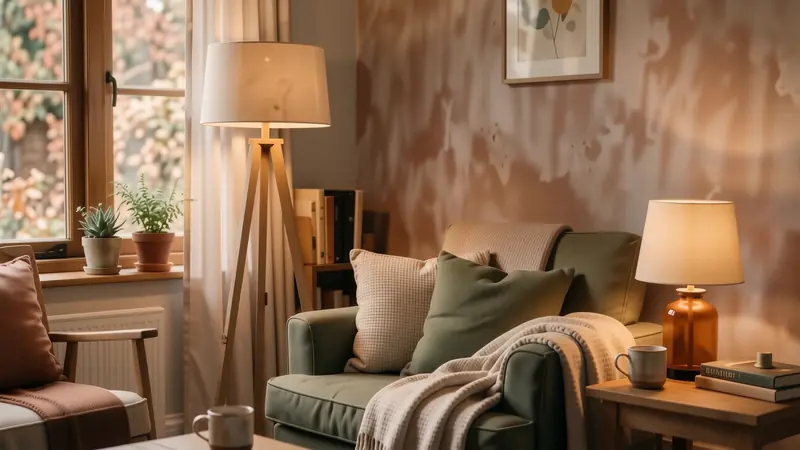 Layered lighting in a living room with a linen floor lamp and an orange glass accent lamp.