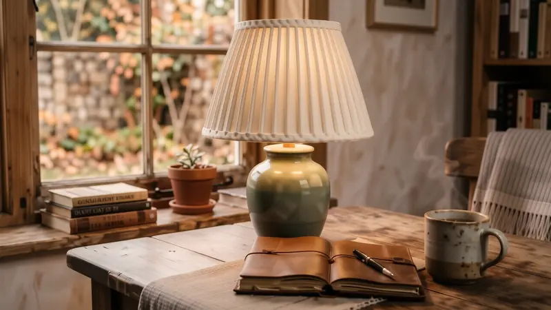 Soft light filtering through a pleated linen lampshade onto a wooden desk.