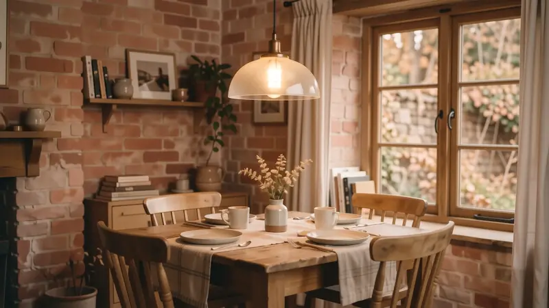 An intimate dining setting with a low-hanging pendant light casting warm glows.