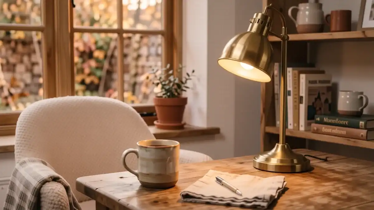 A warm, organized desk with a brass lamp, a linen mat, and a small green plant in soft morning light.