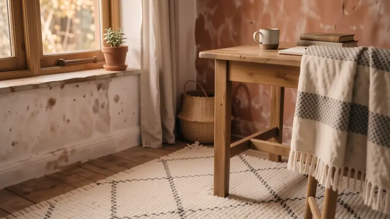 Cream Moroccan Berber rug under a light oak desk in a sunlit room.