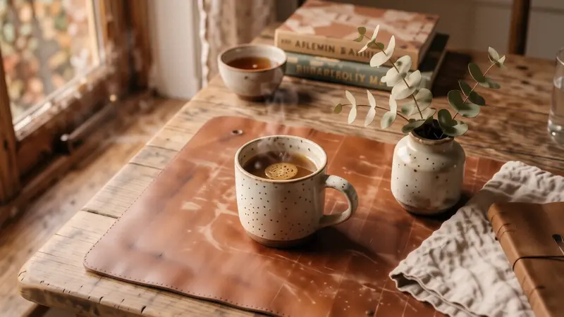 Terracotta desk mat with a handmade ceramic mug and dried eucalyptus.