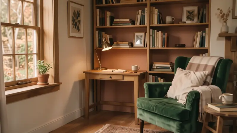 Small workspace nook with a dark green velvet chair and wooden desk.