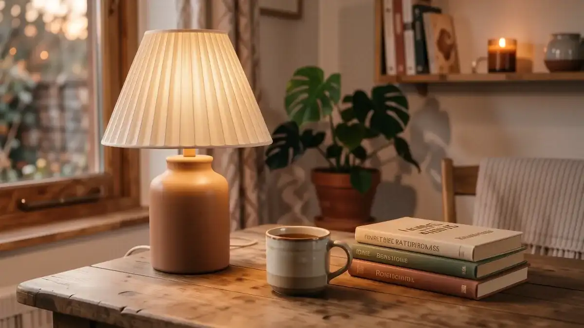 A warm wooden desk featuring a linen shaded lamp, an amber glass candle, and a soft glow against a cream wall.
