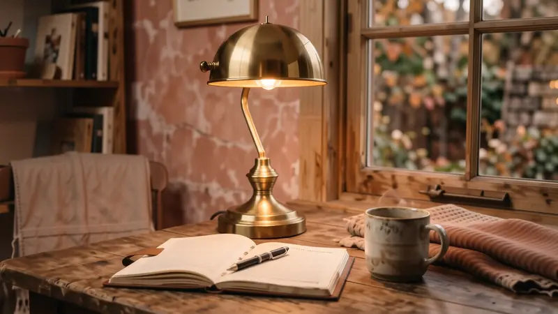 A vintage brass desk lamp illuminating a wooden workspace with warm 2700K light.