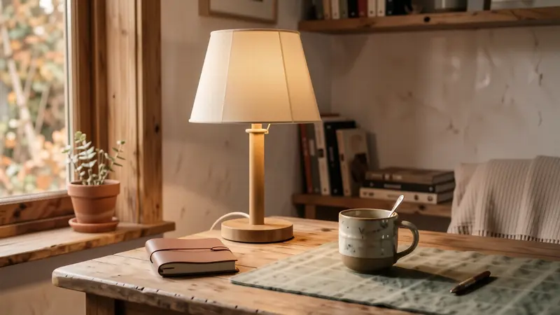 Soft textures like linen and felt used alongside warm lighting in an office.