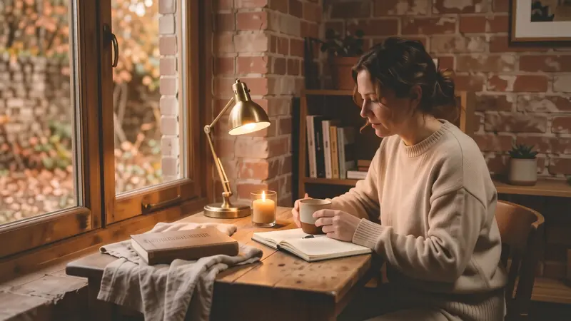 Cozy cafe-style office lighting using small lamps and candles.