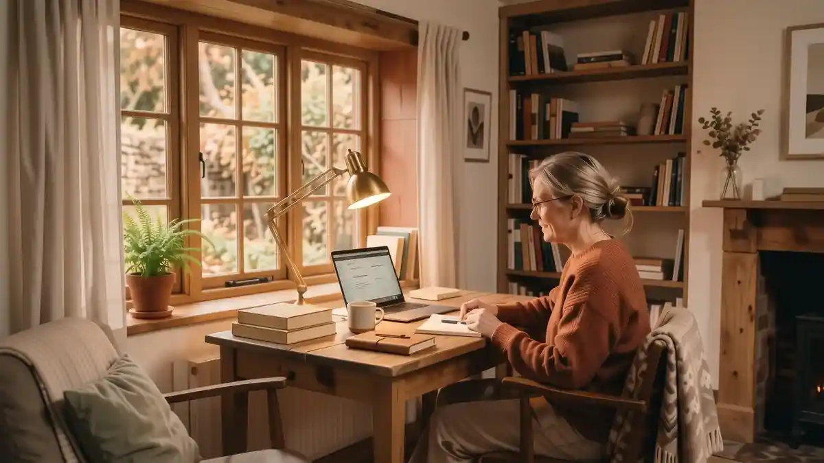 A cozy home office with a wooden desk, warm task lamp and soft textures
