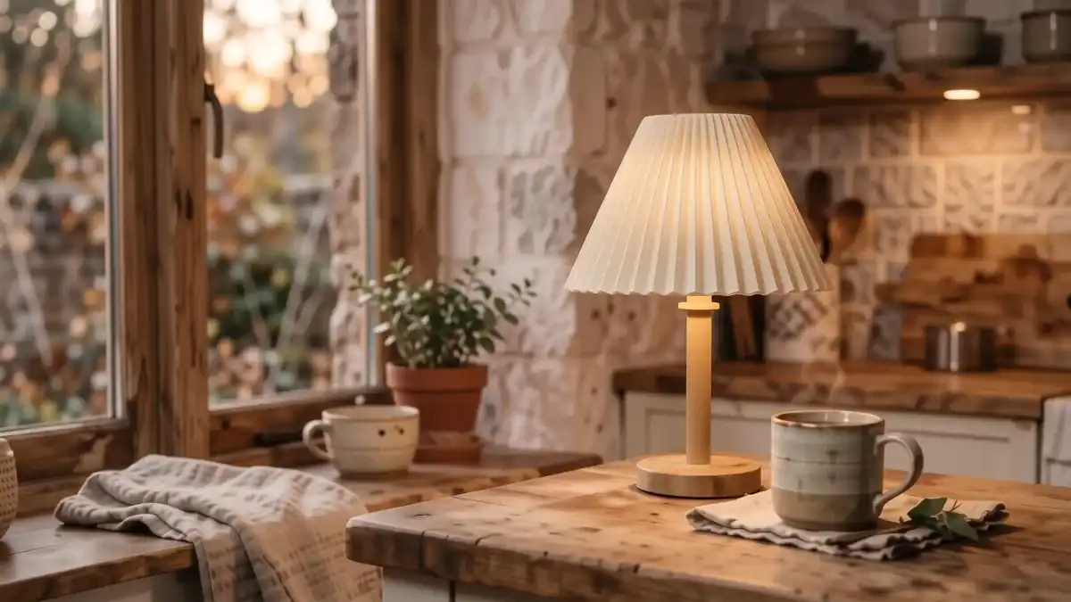 A warm kitchen scene featuring a small ceramic lamp on a wooden counter next to a steaming mug.
