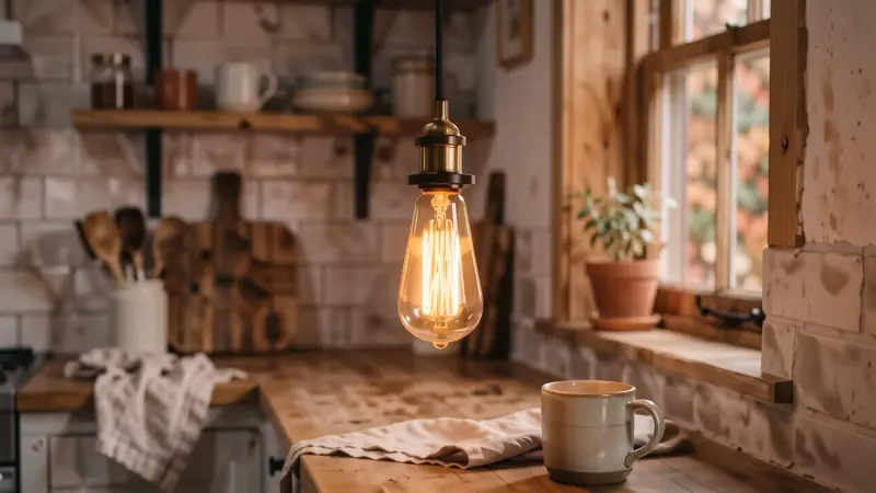 A single vintage-style Edison bulb emitting a soft 2700K amber glow on a dark wood surface.
