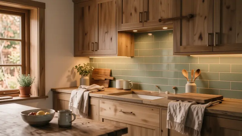 Soft warm light washing down a sage green tiled backsplash from under the upper cabinets.