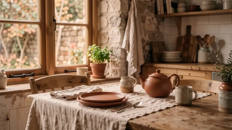Matte terracotta tableware and textured linen on a wooden table in soft natural light.