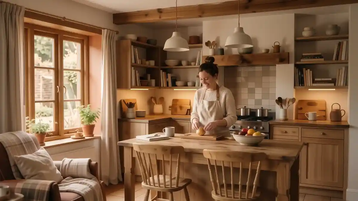 A cozy kitchen with warm wood tones and soft under-cabinet lighting