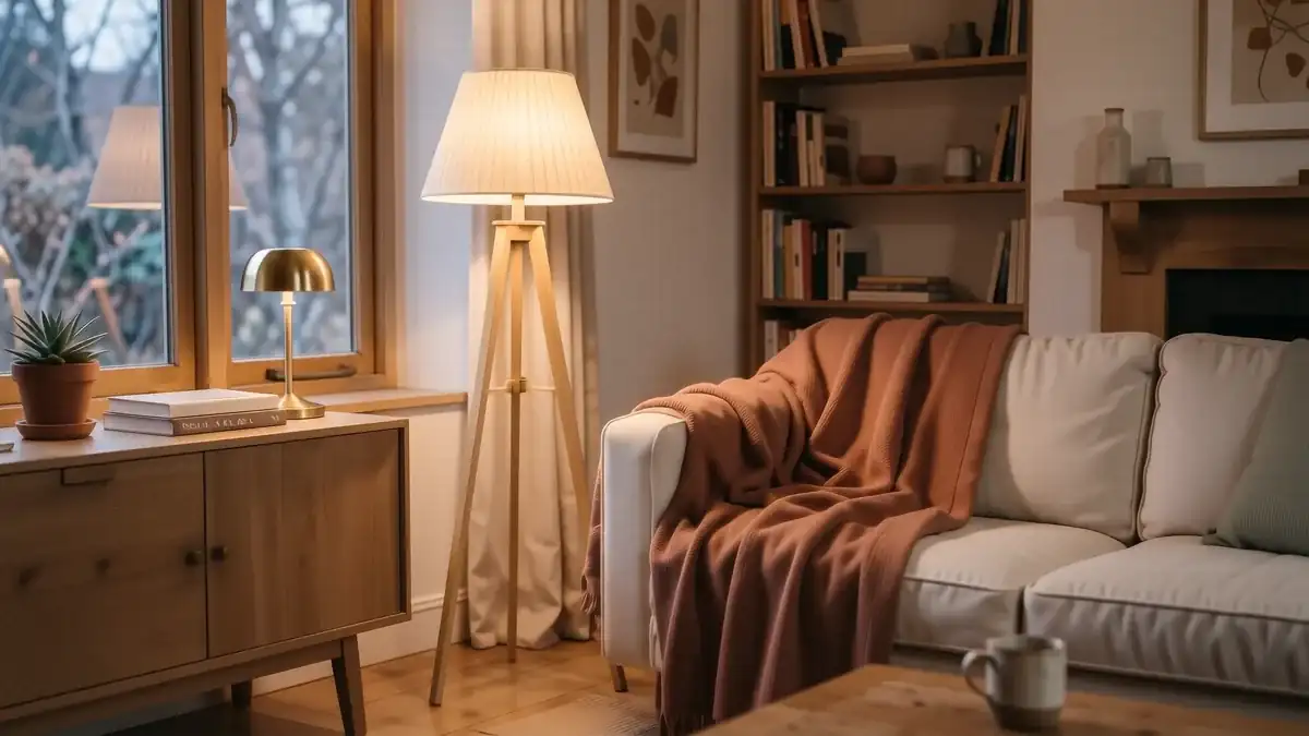 A cozy living room at dusk featuring warm amber lamp light, a linen sofa with chunky knit throws, and soft shadows.