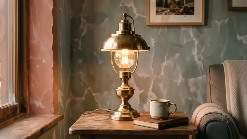 A warm brass table lamp glowing softly in a dim living room with deep green walls.
