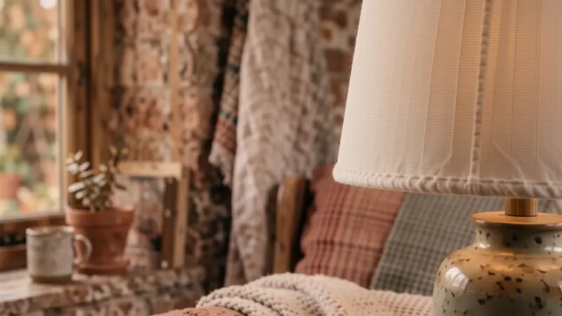 Close-up of soft light passing through a high-quality cream linen lampshade.