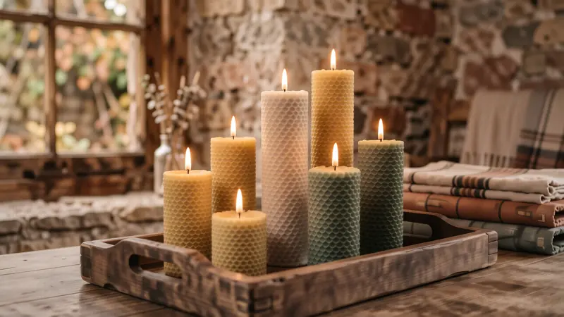 Natural beeswax candles glowing warmly on a rustic wooden coffee table.