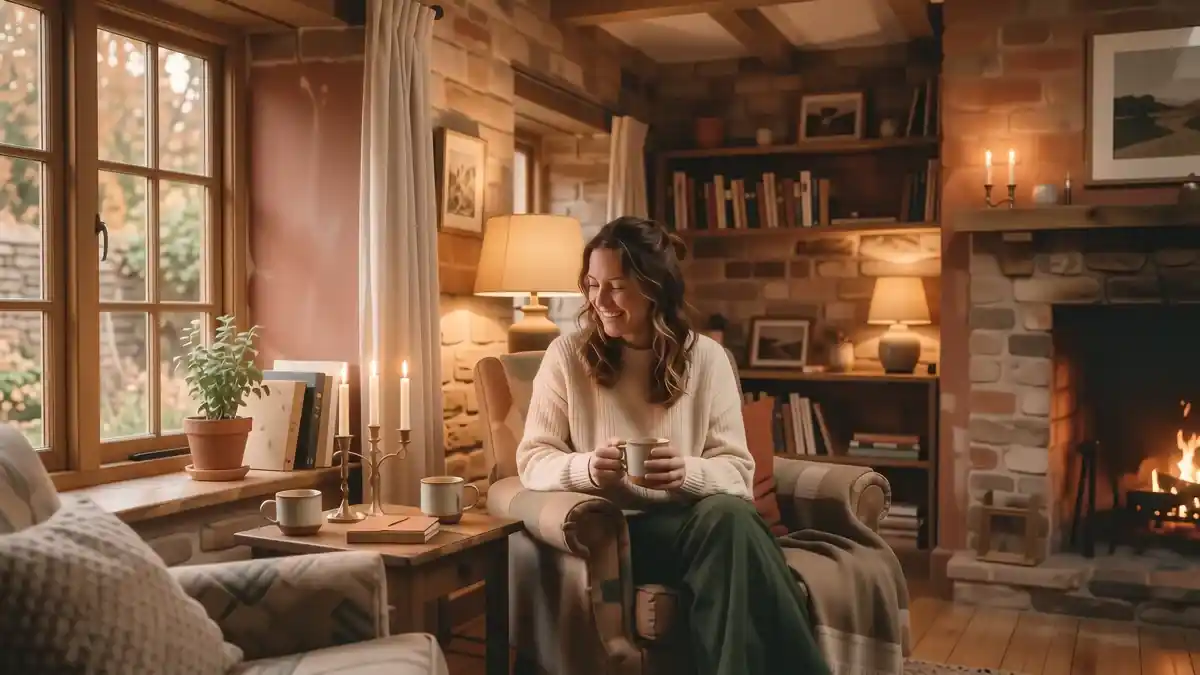 A warmly lit room with layered lamps and candle glow