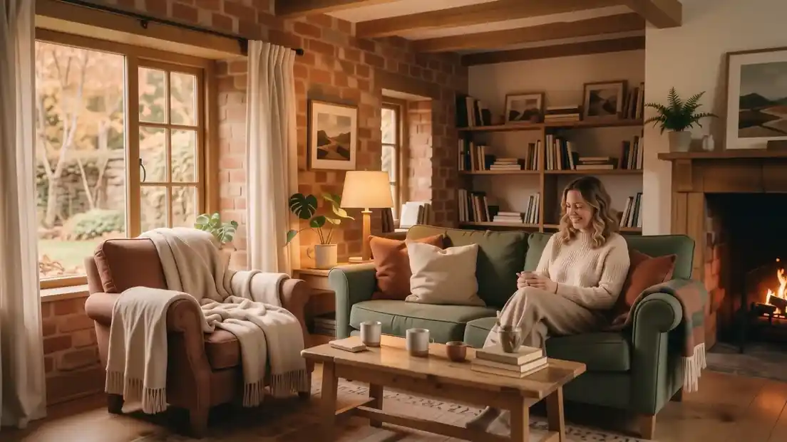 A cozy living room with warm lighting and layered textures