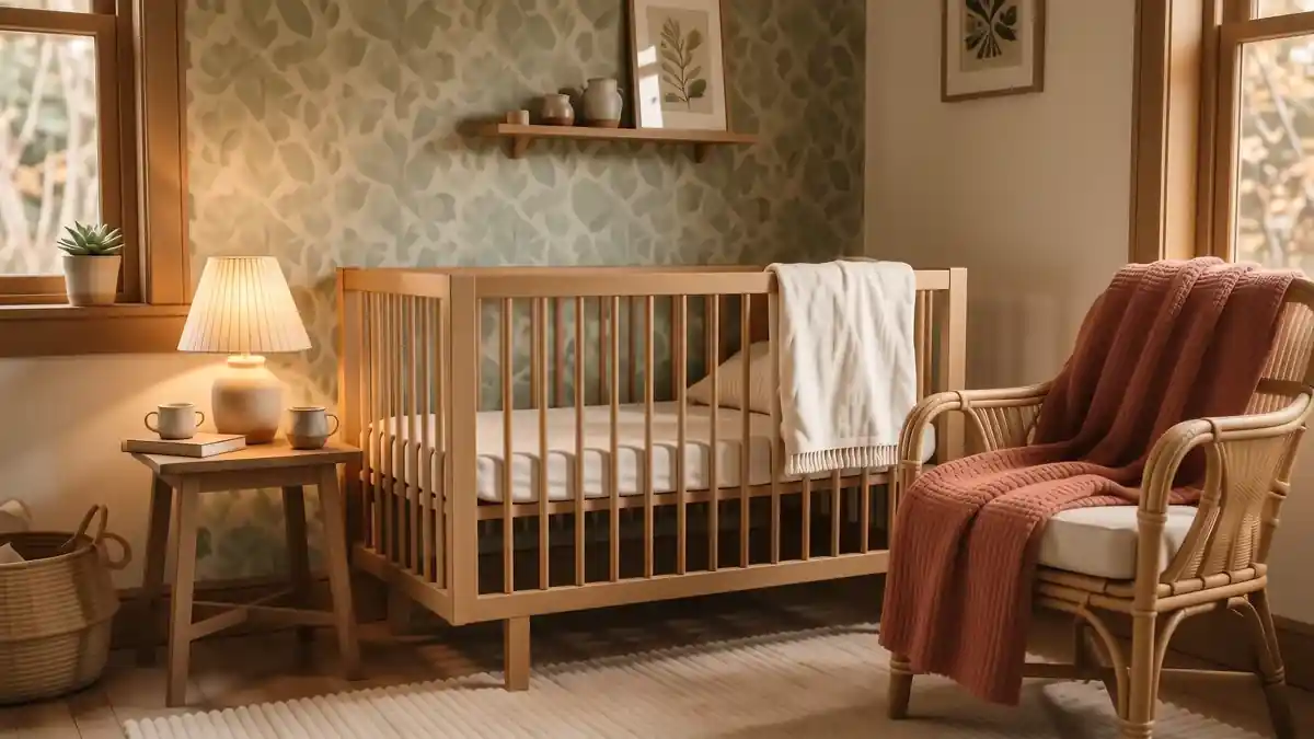 A cozy nursery with a wooden crib, a thick cream rug, and warm amber lighting from a small bedside lamp.