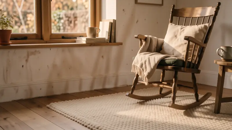 Close up of a plush cream wool rug on an oak floor in a nursery setting.