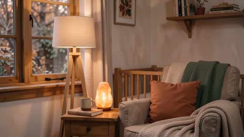 Dimly lit nursery corner with warm amber lighting from a linen lamp.