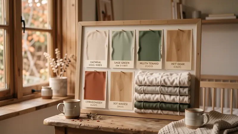 Nursery color palette featuring neutral oatmeal and soft earth tones.