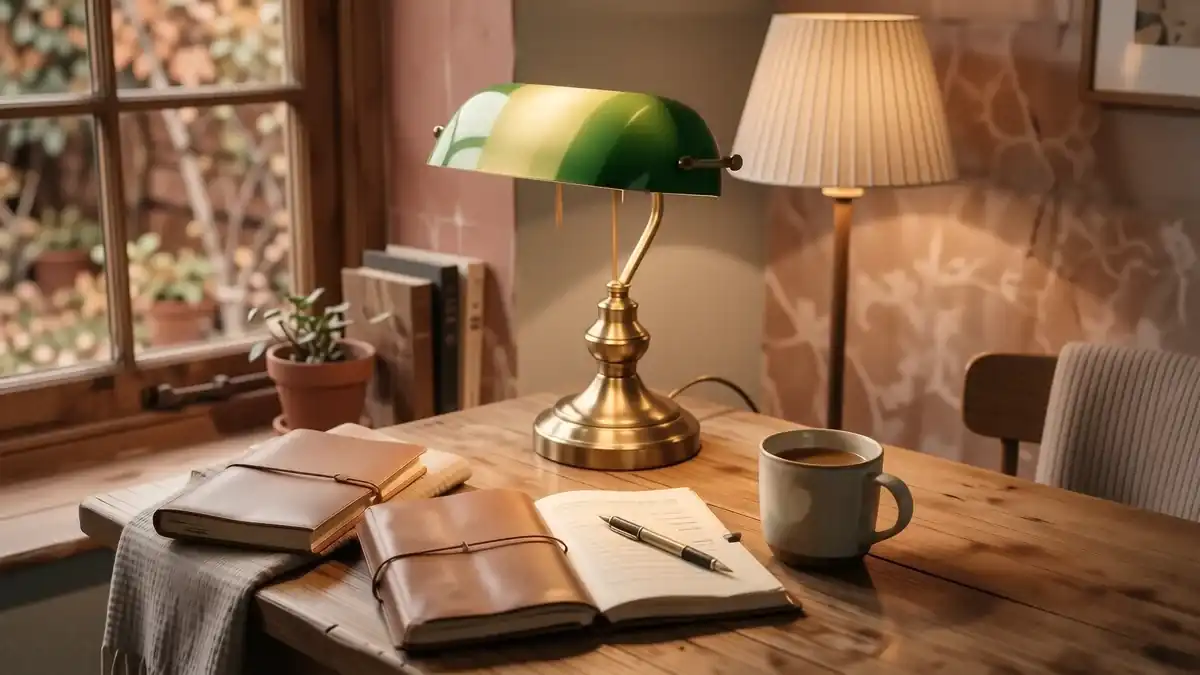 A wooden desk with a brass task lamp, a linen-shaded side lamp, and a small ceramic vase in warm sunlight.