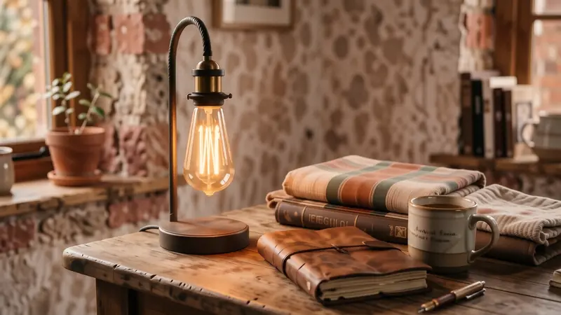 An Edison bulb lamp on a dark wood desk casting warm amber light onto a notebook.