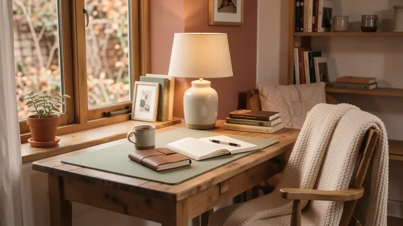 Soft textures including linen and felt in a workspace lit by a warm lamp.