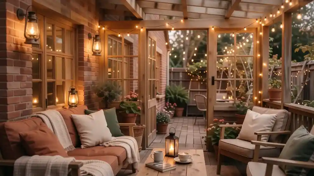 A cozy patio at dusk with string lights, lanterns and soft outdoor cushions