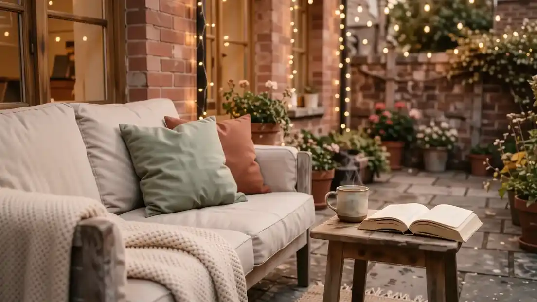 A cozy small patio with a linen sofa, warm string lights, and terracotta planters during twilight.