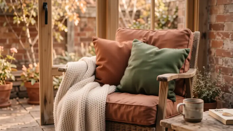 Close-up of textured outdoor pillows and a knit throw on a wooden patio chair