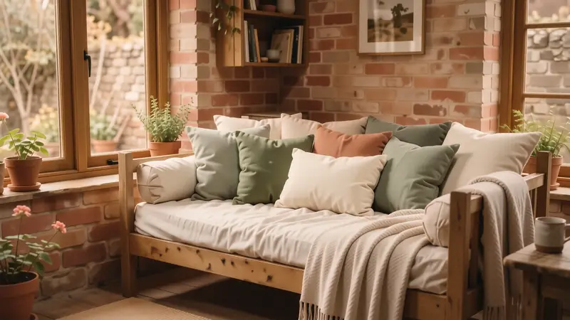 Wooden outdoor daybed with soft green and cream cushions