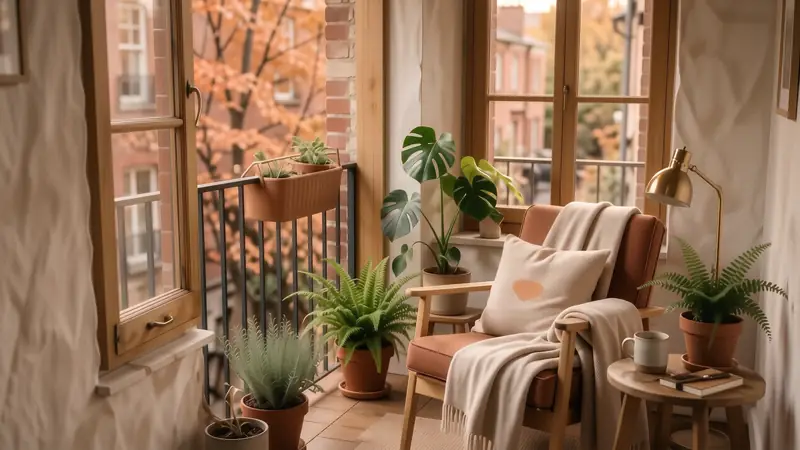 Cozy small balcony setup with an armchair and greenery