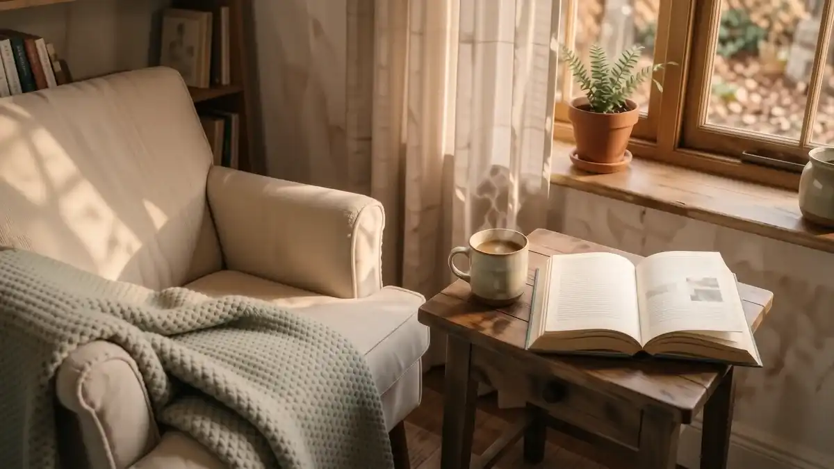 A plush cream armchair with a chunky knit throw and a small brass lamp in a sunlit corner.