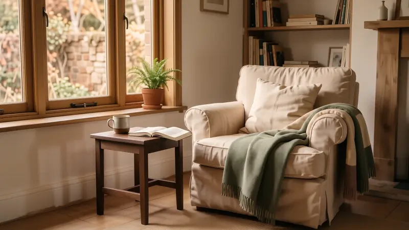 An oatmeal linen armchair next to a walnut side table in a sunlit reading nook.