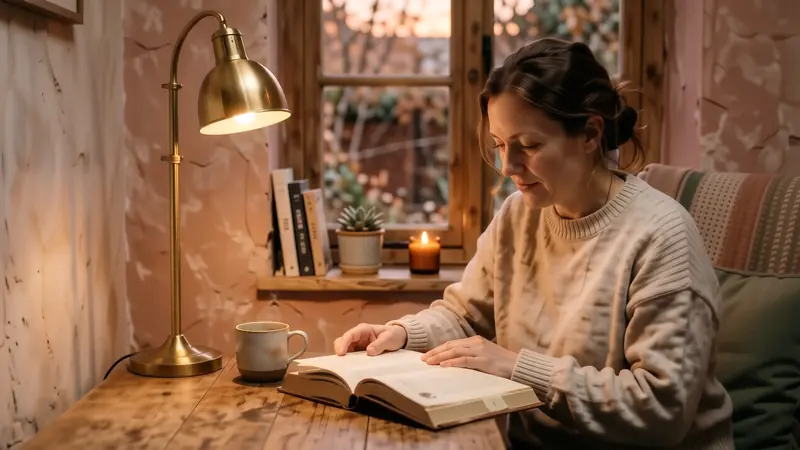 Warm brass lamp lighting up a reading nook during twilight hours.