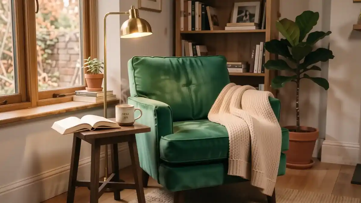 A deep forest green velvet armchair with a cream wool throw and a brass floor lamp in a sunlit corner.