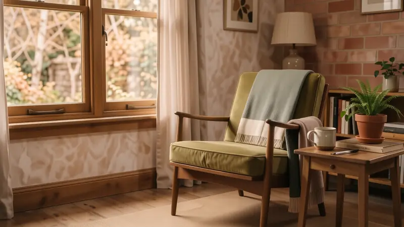 Mid-century walnut armchair with olive green velvet upholstery in a bright corner.