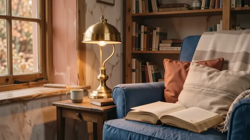Brass floor lamp illuminating a book in a navy blue velvet reading chair.